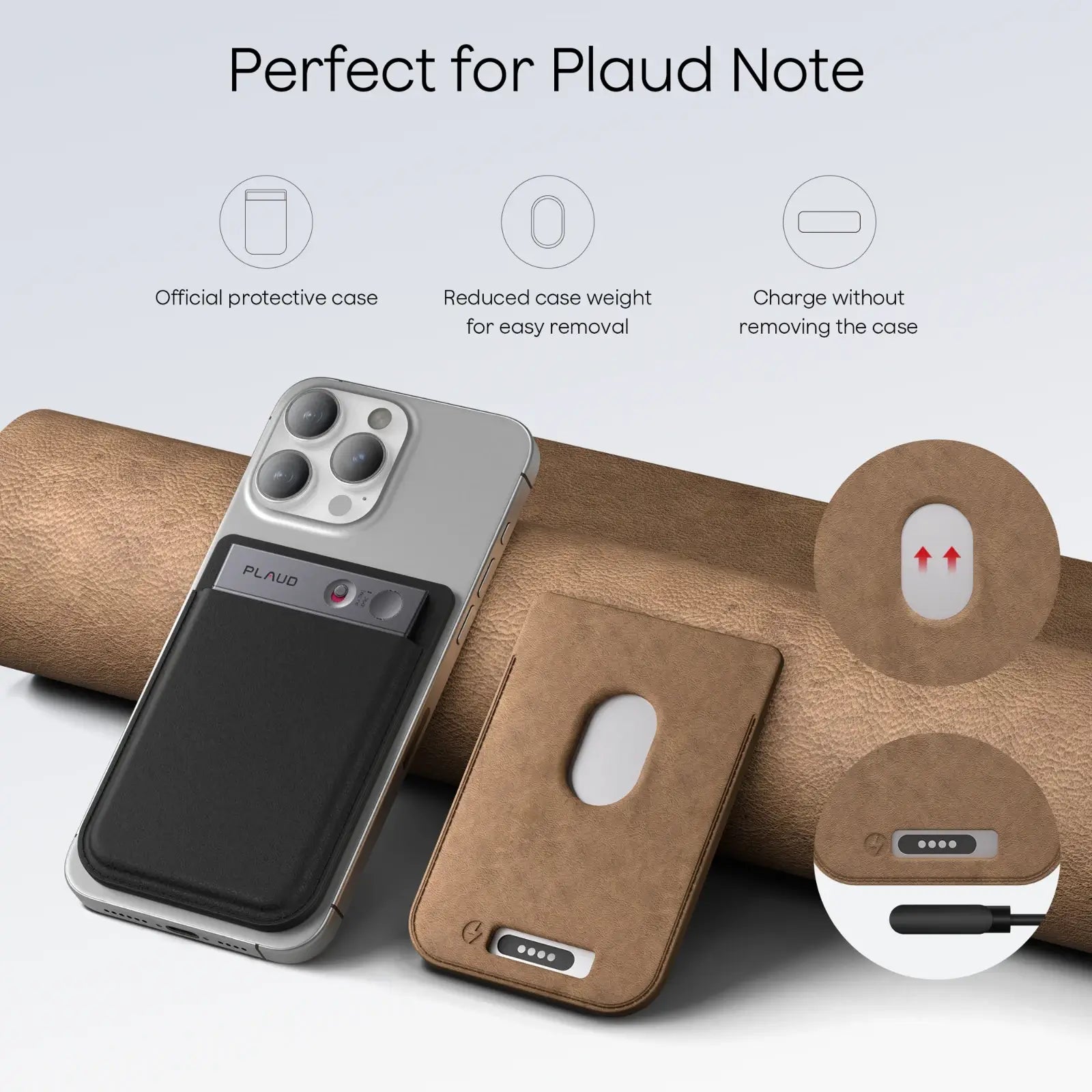 Official Plaud Note protective case showing easy removal cutout and charging access while attached to a smartphone.