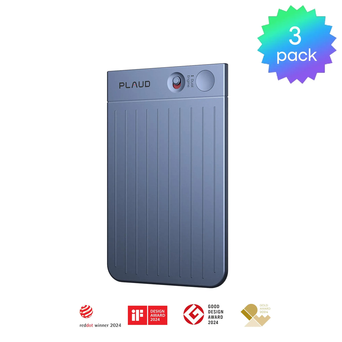 Sure! Here’s a rewritten sentence using your product data: The Plaud & AI Plan test- subscription-系列 features a blue device with vertical grooves, a button, and an indicator light. A “3 pack” label appears in the top right corner, while four award logos—including Red Dot Winner 2024—are displayed at the bottom.