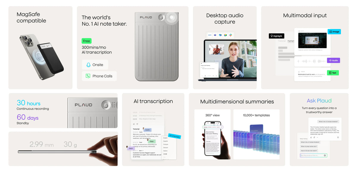 Feature grid for Plaud Note highlighting MagSafe, AI transcription, 30-hour battery, and ultra-thin 2.99mm profile.