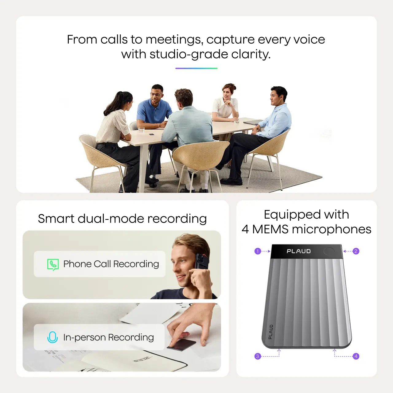 Plaud Note features dual-mode recording for calls and meetings, equipped with 4 MEMS microphones for clarity.