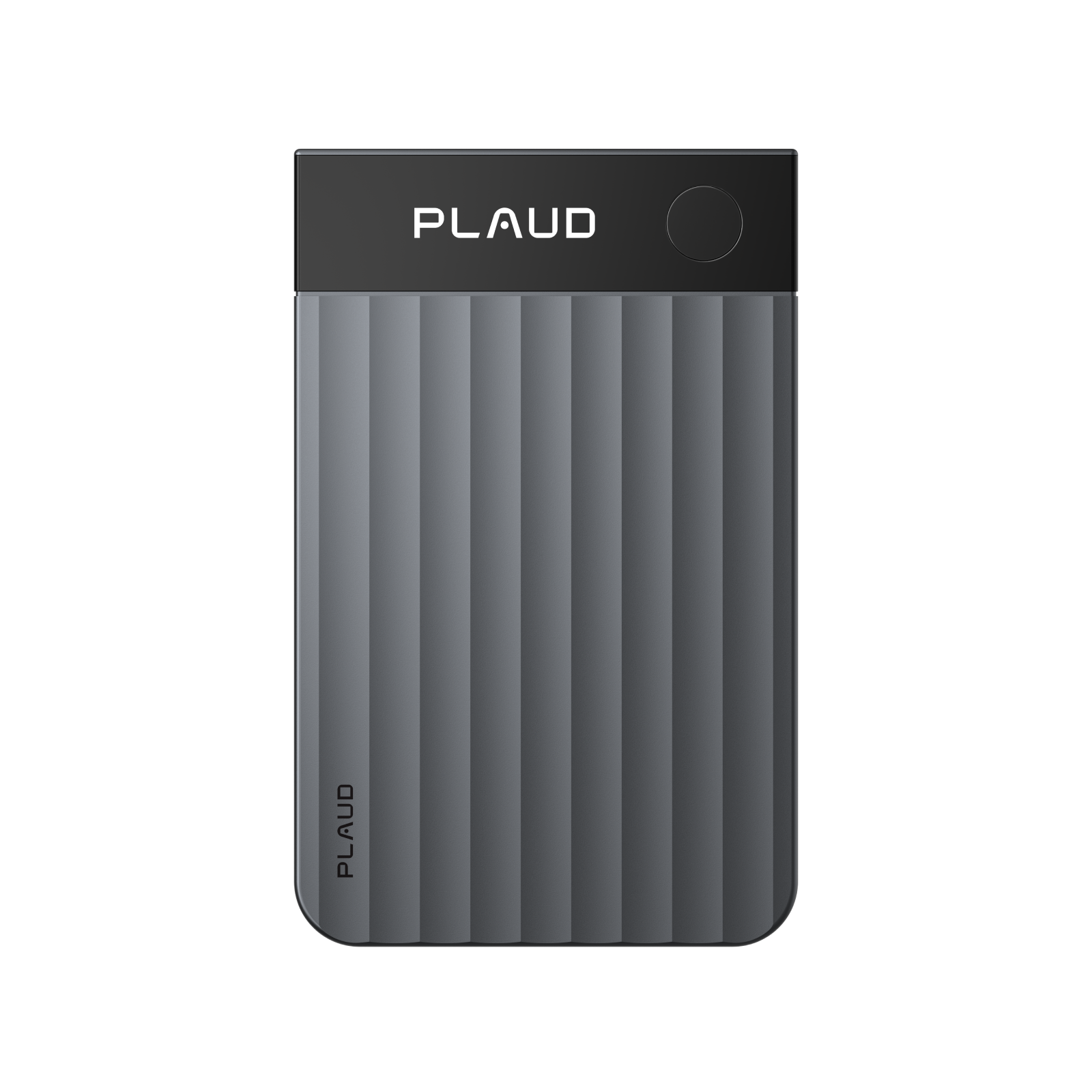 Front view of the grey Plaud Note Pro AI voice recorder featuring a ribbed texture and top control button.