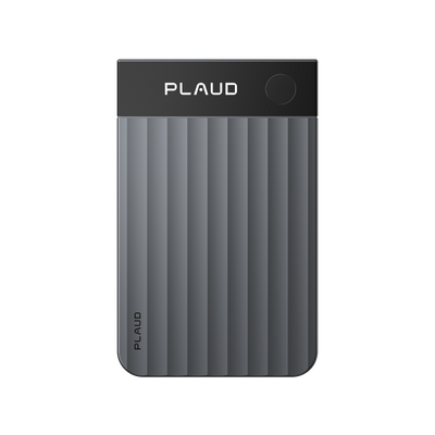 Front view of the grey Plaud Note Pro AI voice recorder featuring a ribbed texture and top control button.