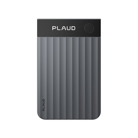 Front view of the grey Plaud Note Pro AI voice recorder featuring a ribbed texture and top control button.