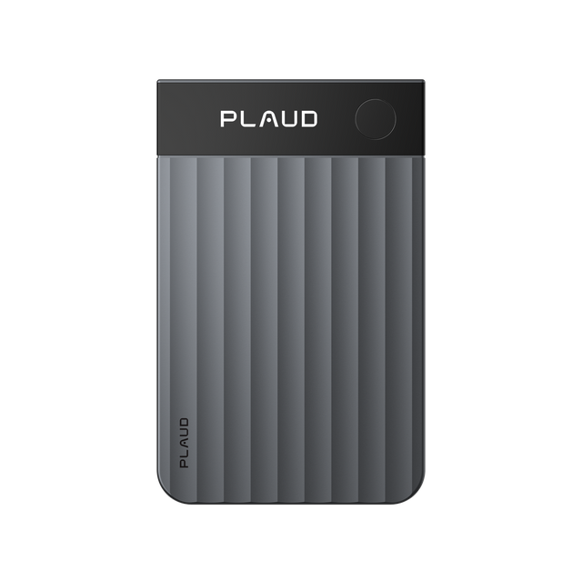 Front view of the grey Plaud Note Pro AI voice recorder featuring a ribbed texture and top control button.