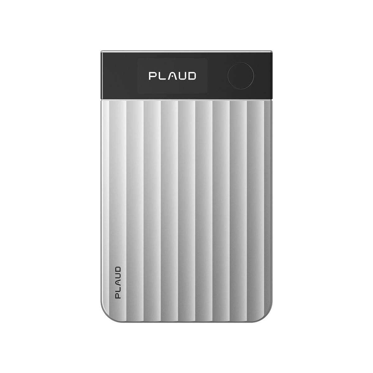 Front view of the silver Plaud Note Pro AI voice recorder with a ribbed body and a black top display screen.