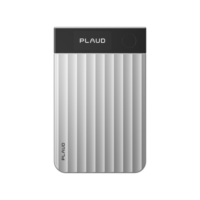 Front view of the silver Plaud Note Pro AI voice recorder with a ribbed body and a black top display screen.