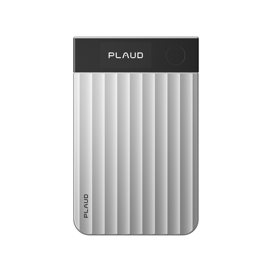 Front view of the silver Plaud Note Pro AI voice recorder with a ribbed body and a black top display screen.