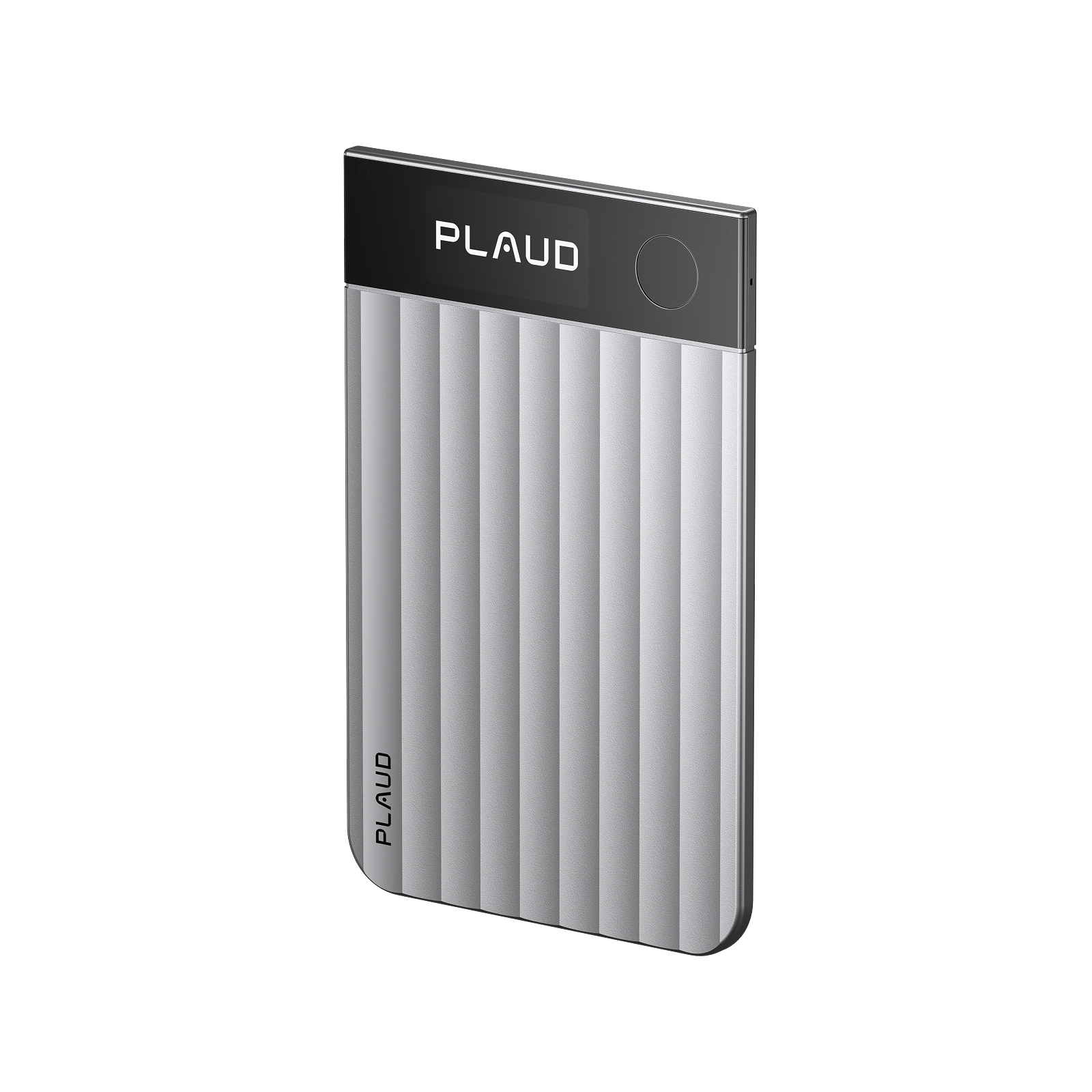 Silver Plaud Note Pro AI voice recorder with a vertical ribbed texture and a black top panel featuring the Plaud logo.