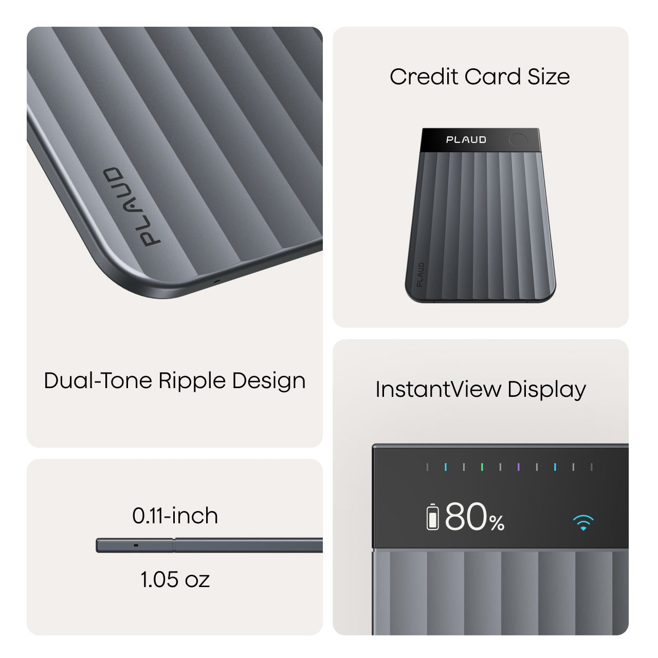 Plaud Note Pro features: credit card size, 0.11-inch thin, 1.05 oz, ripple design, and InstantView display.