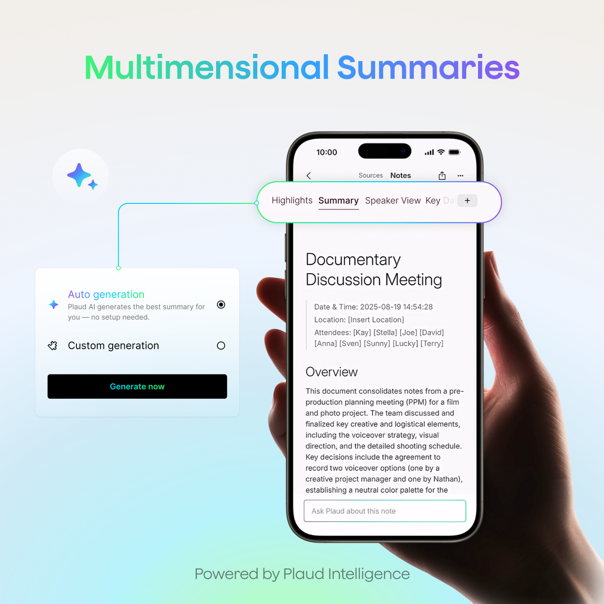 Plaud app interface showing multidimensional meeting summaries with auto-generation powered by Plaud Intelligence.