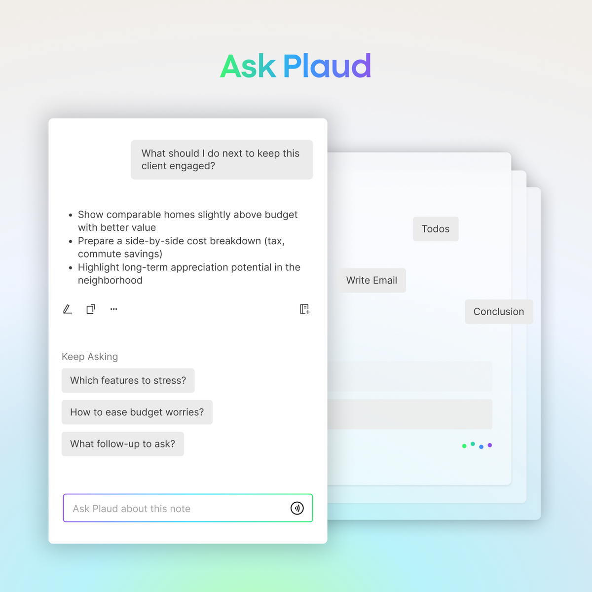 Ask Plaud interface showing AI-generated suggestions for client engagement and follow-up question prompts.