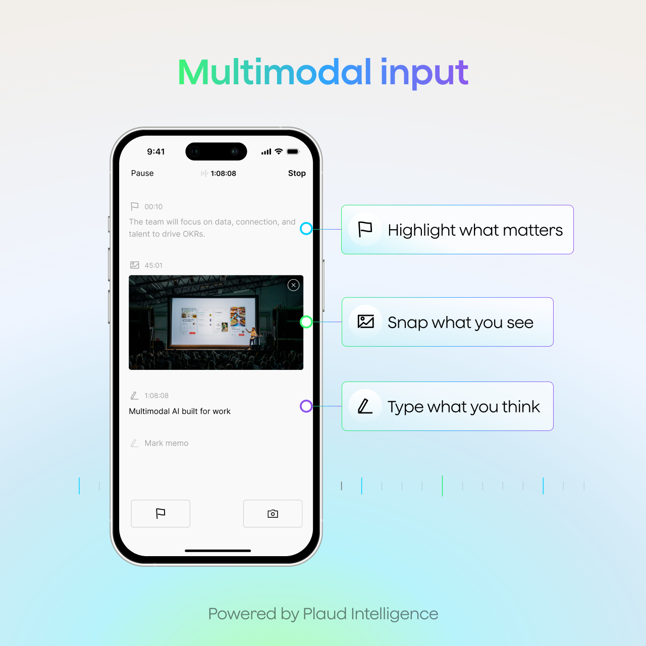 Plaud Note Pro app interface showing multimodal input: highlight notes, snap photos, and type thoughts.
