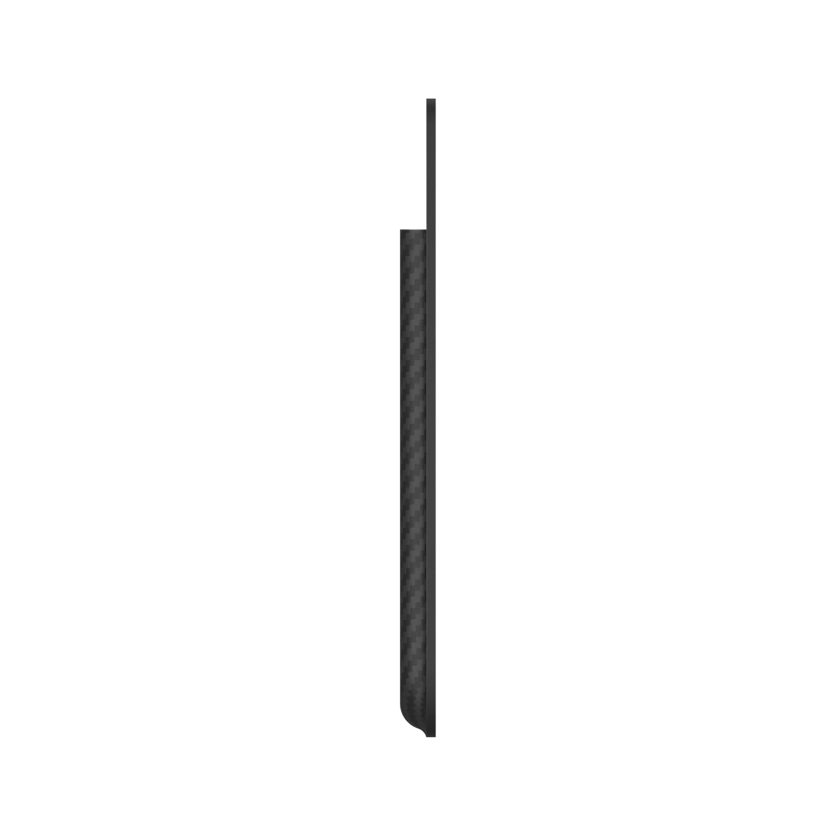 Side profile of the ultra-slim Plaud Note AI voice recorder in a black carbon fiber textured case.