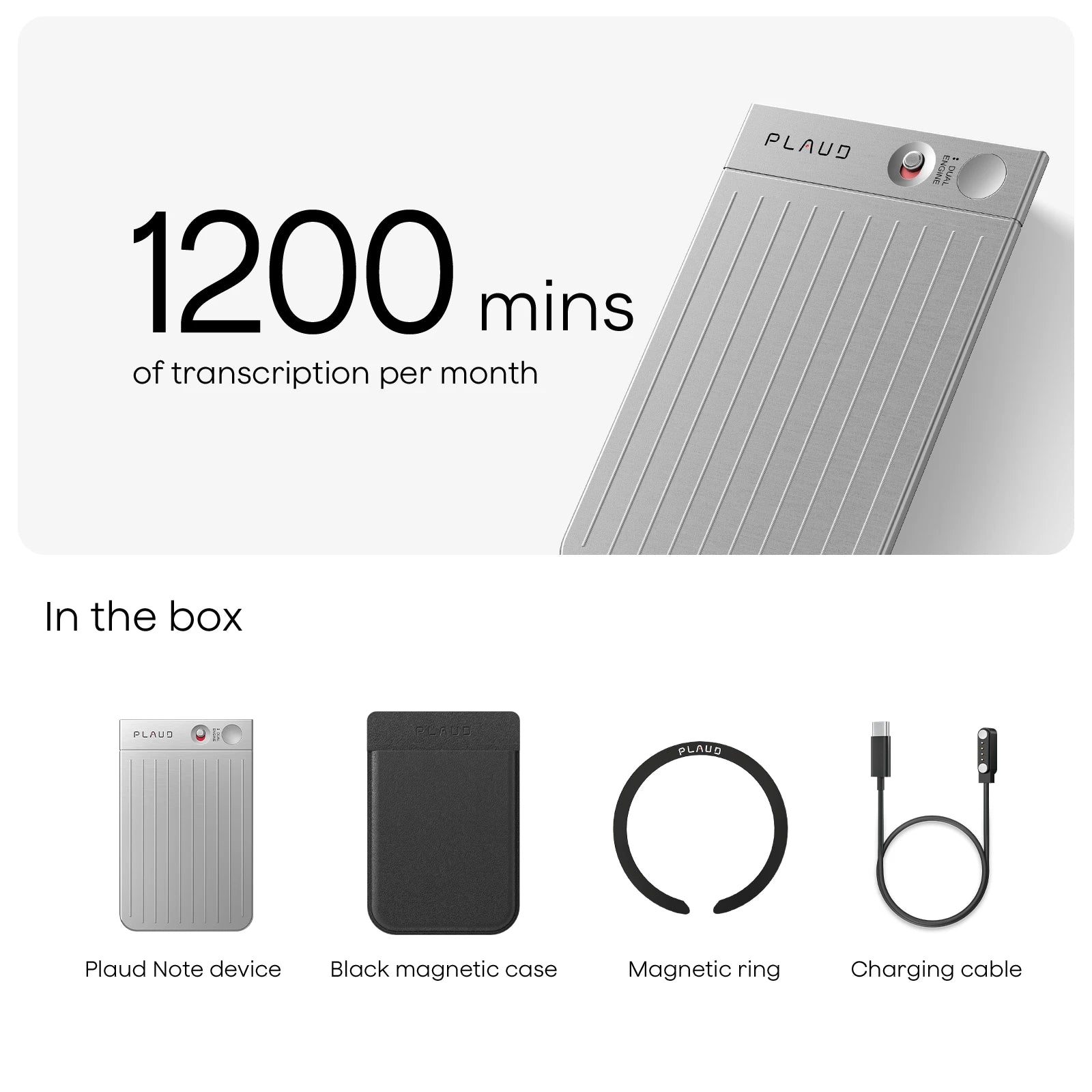 Plaud Note with 1200 mins monthly transcription. Box includes device, magnetic case, magnetic ring, and charging cable.