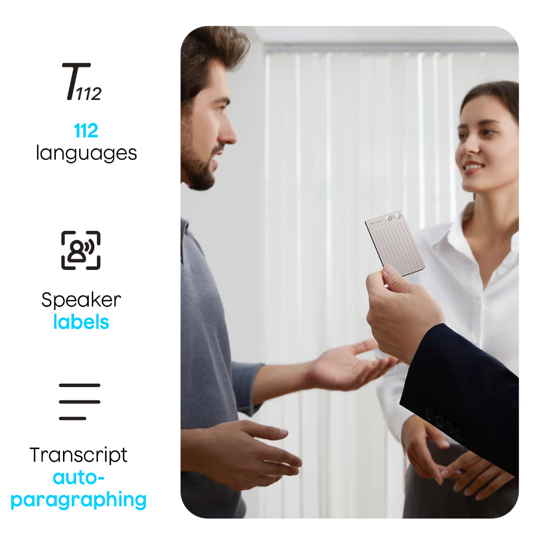 Plaud Note records a meeting, featuring 112-language support, speaker labels, and transcript auto-paragraphing.