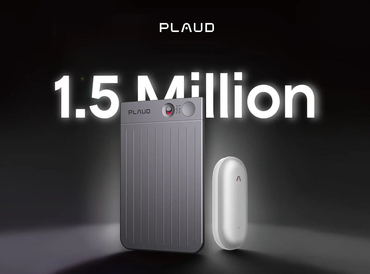 Plaud Note and NotePin AI voice recorders displayed with text celebrating a 1.5 million milestone.