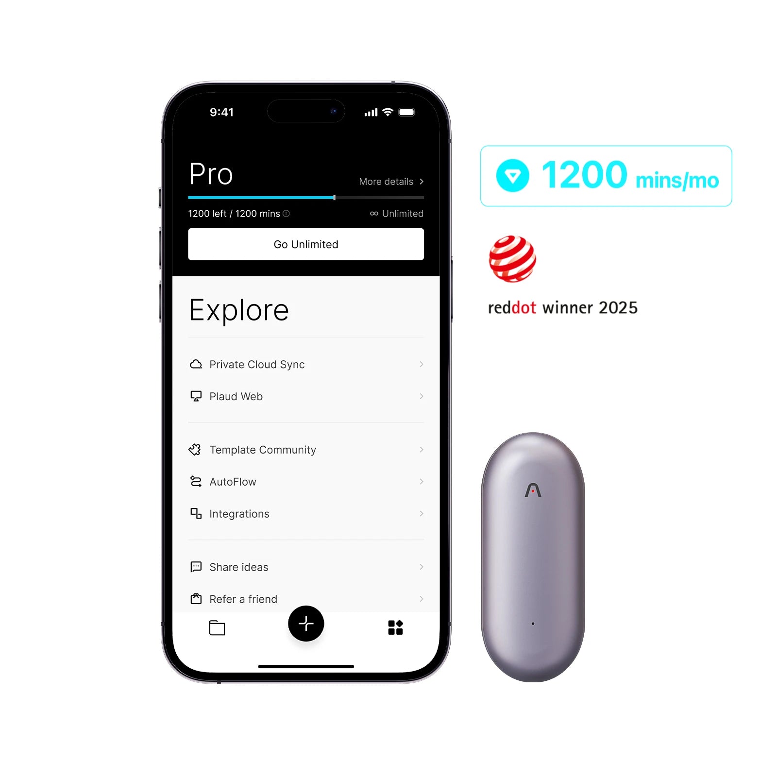 Plaud NotePin with app showing Pro plan features, 1200 minutes per month, and Red Dot winner 2025 badge.