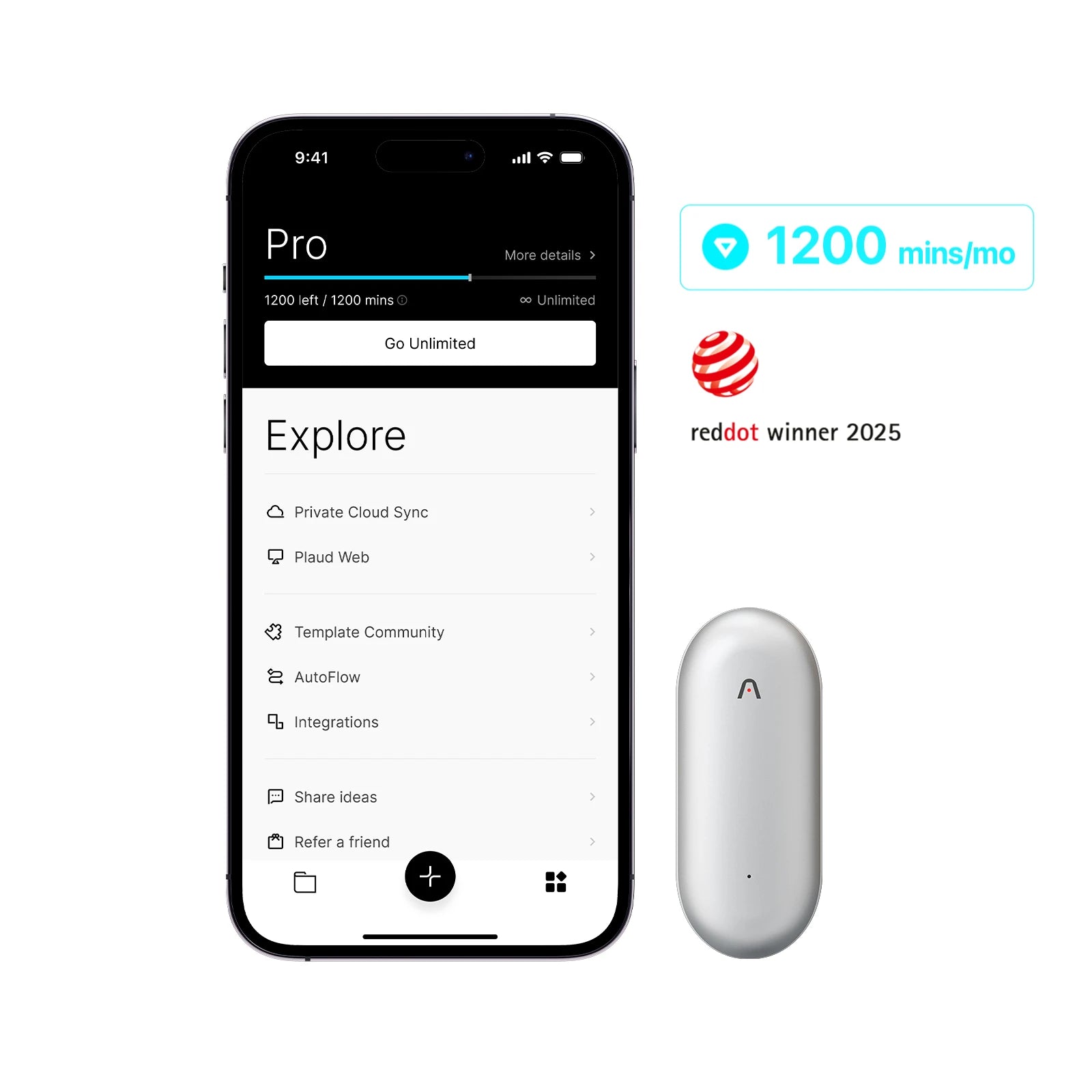 Plaud NotePin beside a smartphone showing the Pro plan's 1200 monthly minutes and Red Dot Winner 2025 logo.