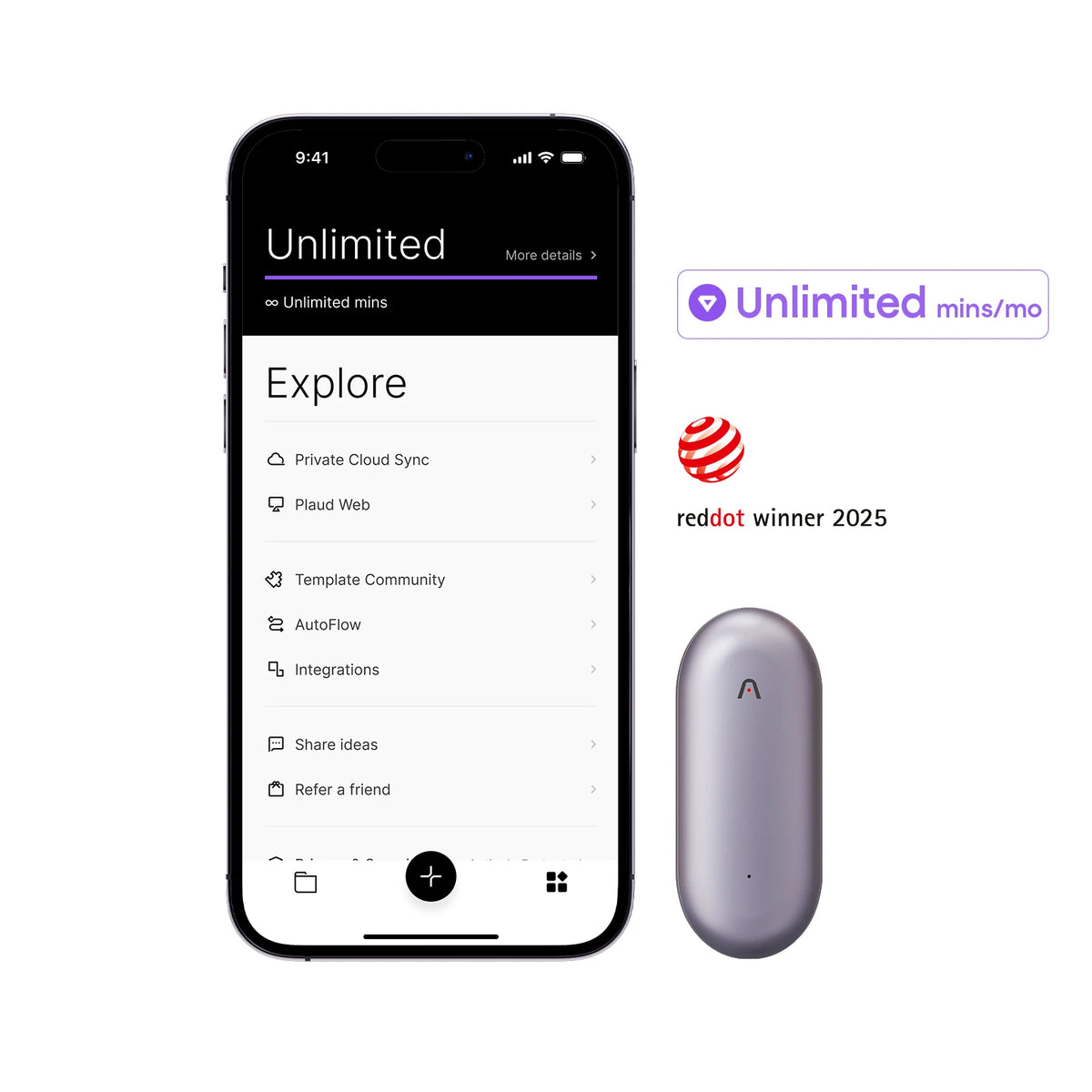 PLAUD NotePin with the PLAUD app showing the Unlimited plan and the Red Dot Winner 2025 award logo.