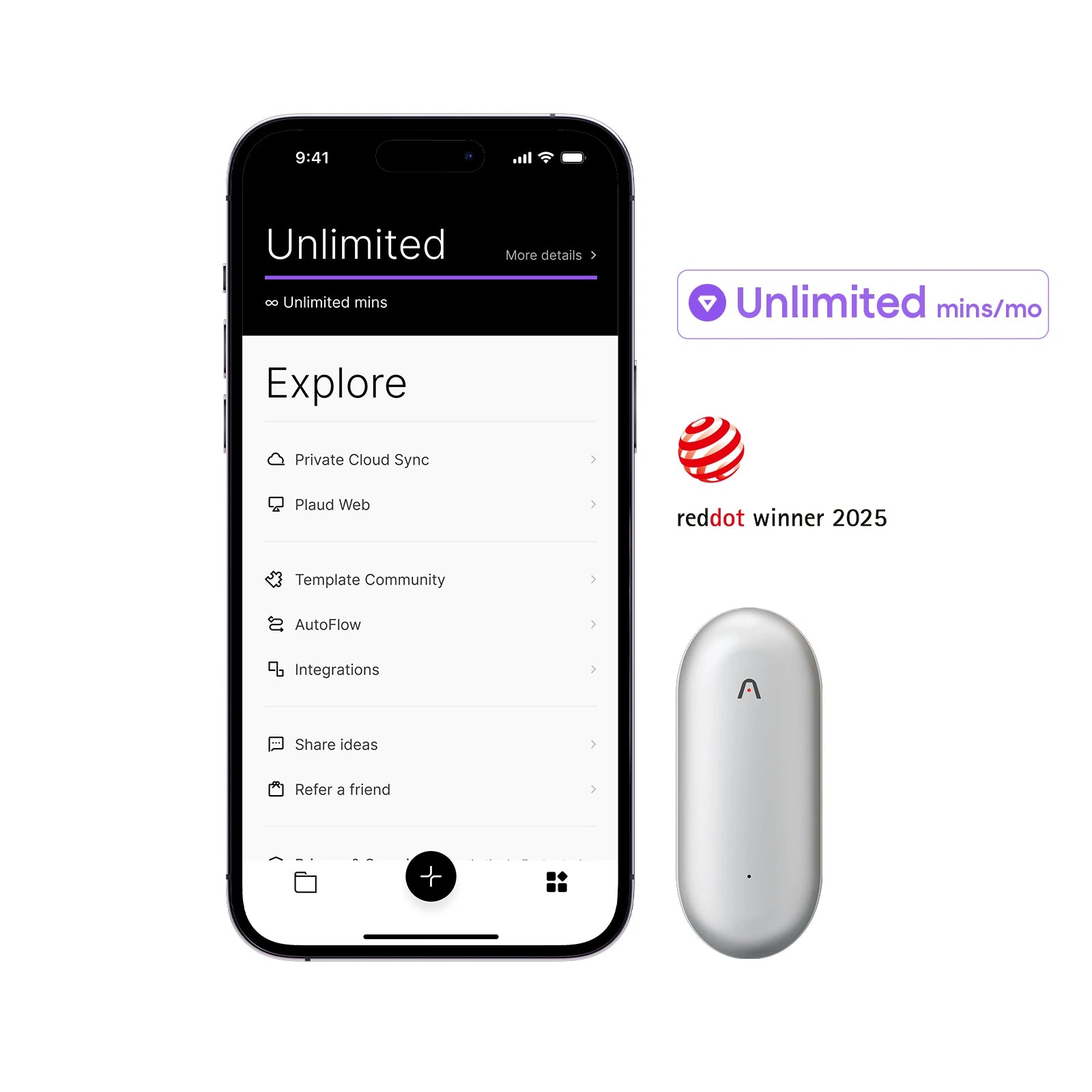 Plaud NotePin next to a smartphone showing the Unlimited plan and Red Dot Winner 2025 award.