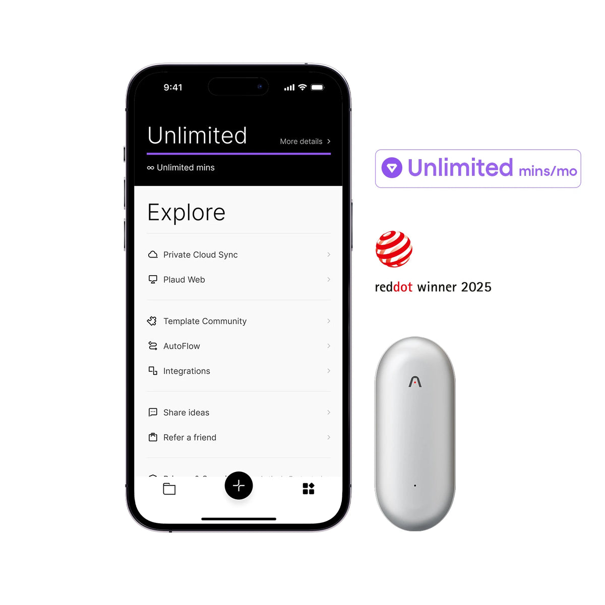 Plaud NotePin next to a smartphone showing the Unlimited plan and Red Dot Winner 2025 award.