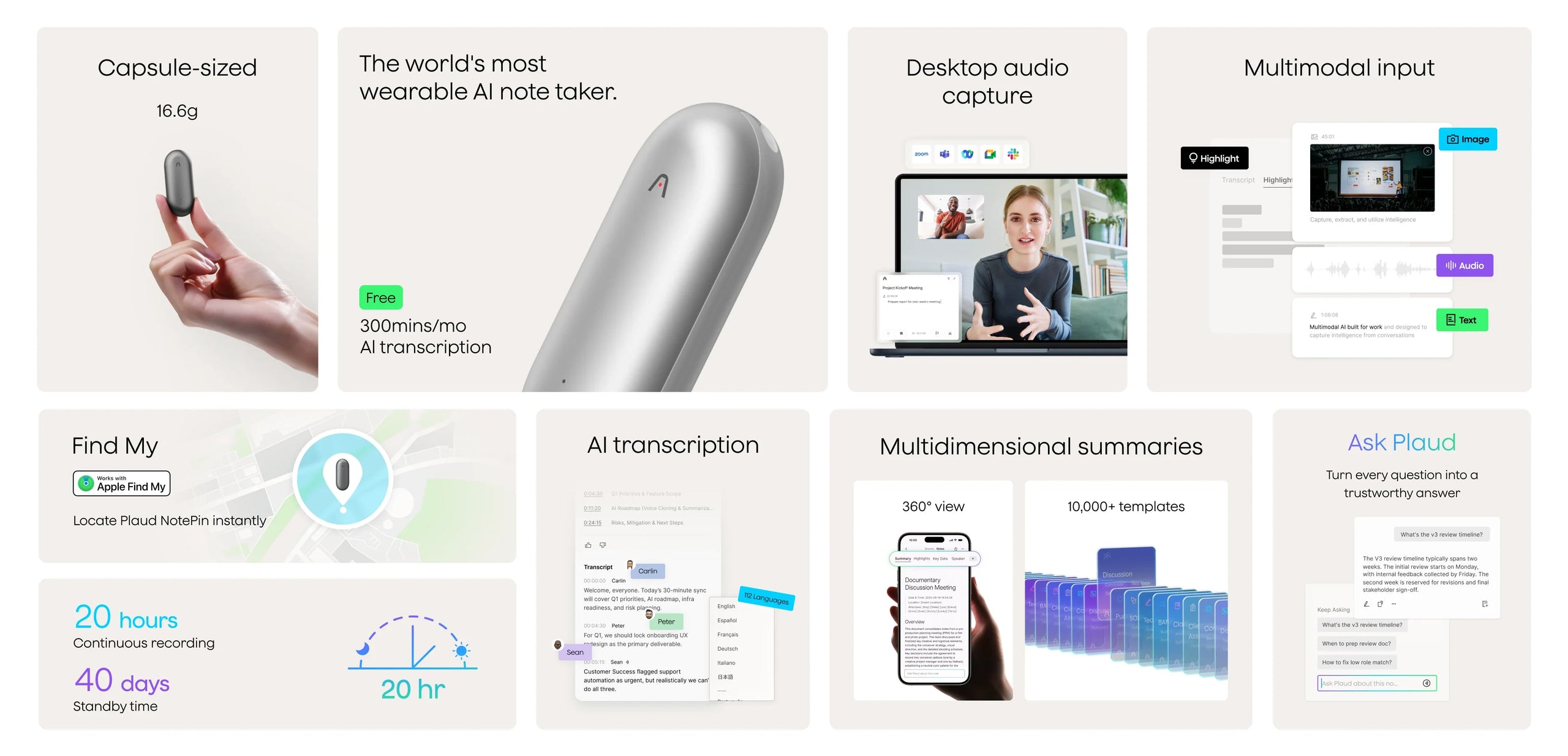 Plaud NotePin features: capsule-sized, 20h recording, AI transcription, summaries, and Apple Find My integration.