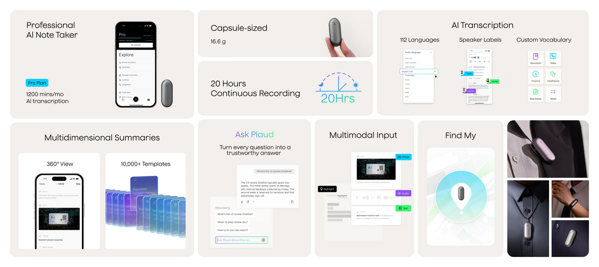 Capsule-sized PLAUD NotePin features: 20h recording, AI transcription, summaries, and versatile wearing options.