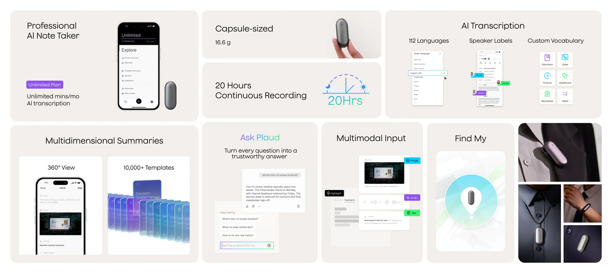 Feature overview of Plaud NotePin highlighting AI transcription, 20-hour recording, and various wearable accessories.