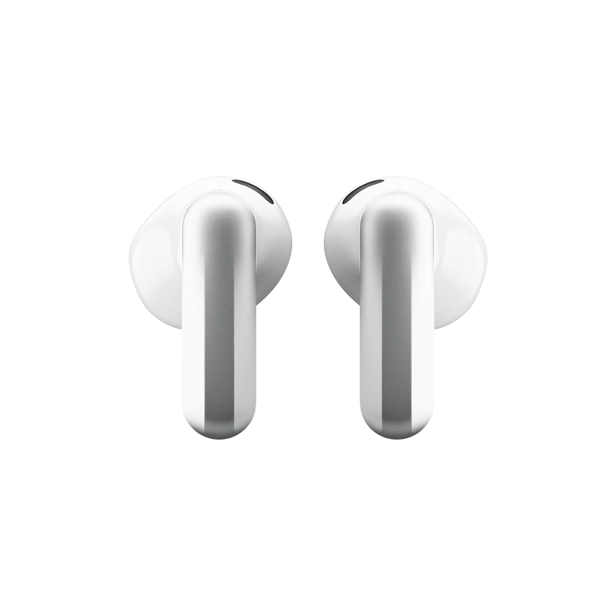 A pair of Plaud One wireless earbuds in white, featuring short stems, displayed against a plain white background and viewed from the front. These limited-inventory Plaud One earbuds are now available for pre-order.