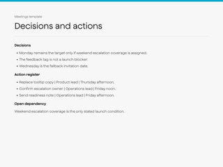 Decisions and actions sample with commitments, owners, deadlines, and fallback decisions.