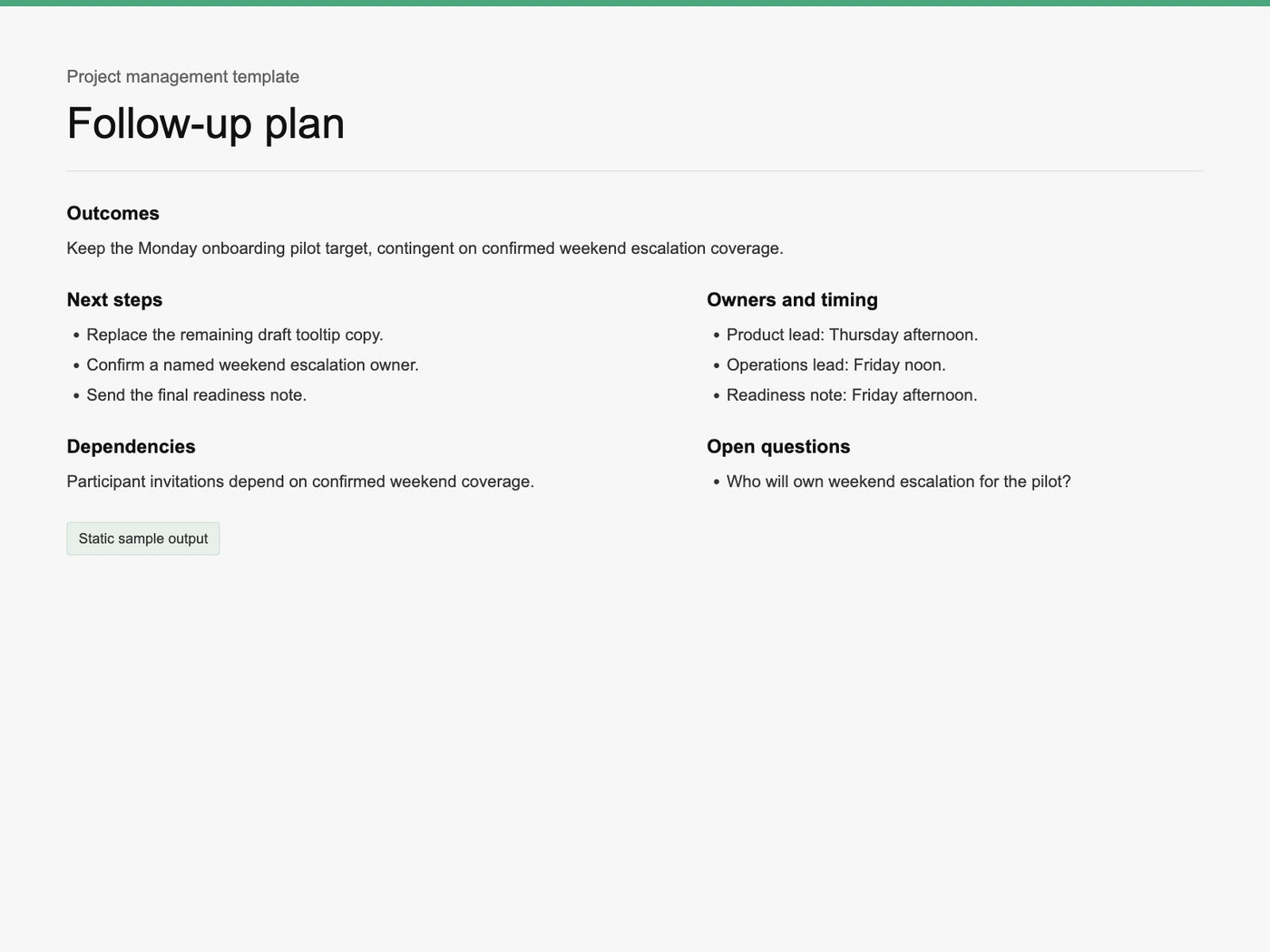Follow-up plan sample with outcomes, next steps, owners, timing, dependencies, and open questions