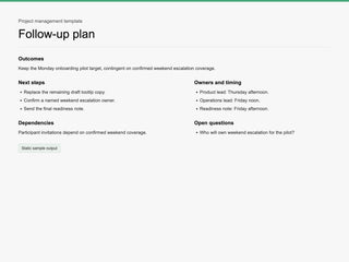 Follow-up plan sample with outcomes, next steps, owners, timing, dependencies, and open questions