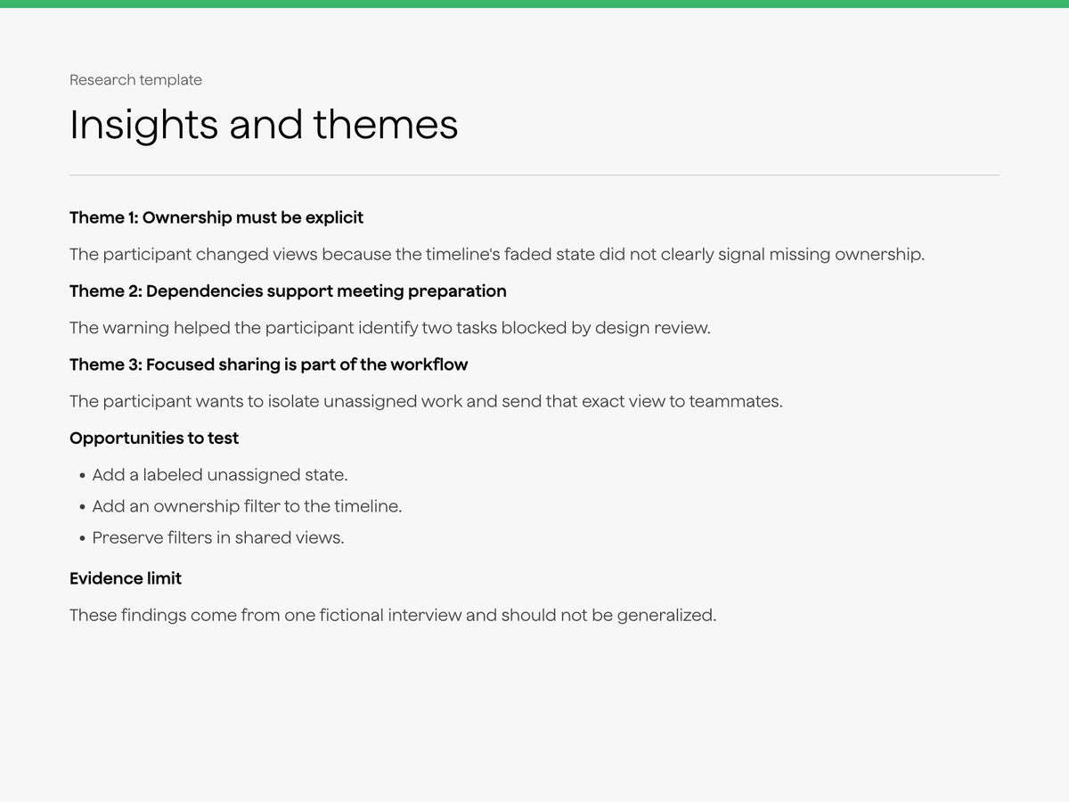 Insights and themes sample with themes, supporting evidence, and product opportunities.