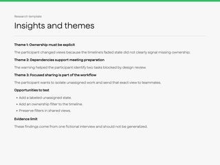 Insights and themes sample with themes, supporting evidence, and product opportunities.