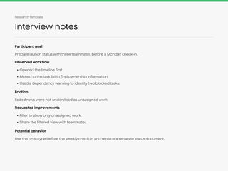 Interview notes sample with research goal, participant context, findings, friction, and opportunity.