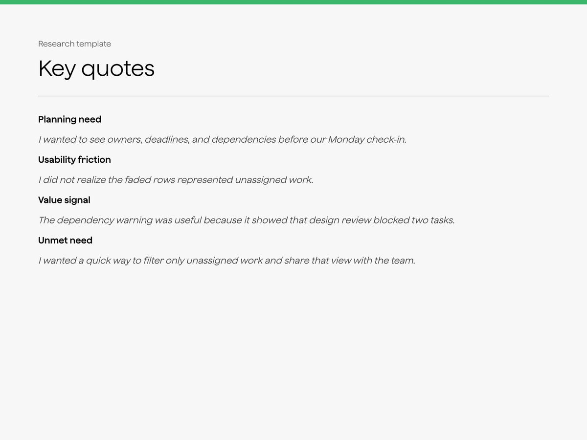 Key quotes sample organized by planning need, usability friction, value signal, and unmet need.