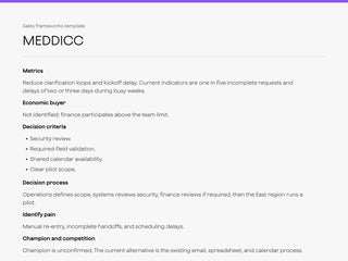 MEDDICC sample with Metrics, Economic buyer, Decision criteria, Decision process, Identify pain, and Champion sections.