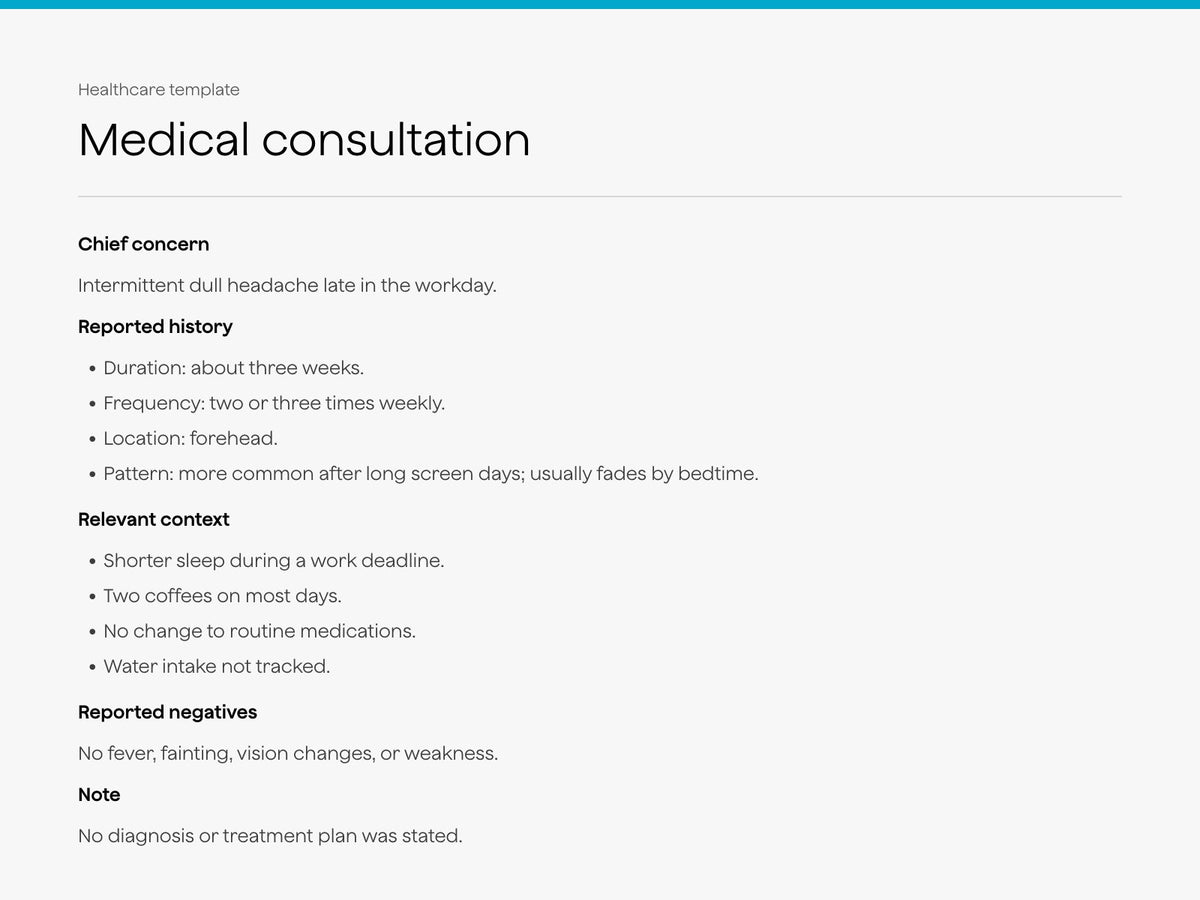 Medical consultation sample with chief concern, history, reported negatives, context, and follow-up documentation.