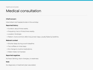 Medical consultation sample with chief concern, history, reported negatives, context, and follow-up documentation.
