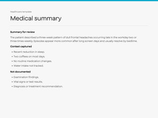 Medical summary sample with review summary, captured context, and details not documented.