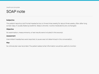 SOAP note sample with Subjective, Objective, Assessment, and Plan sections.