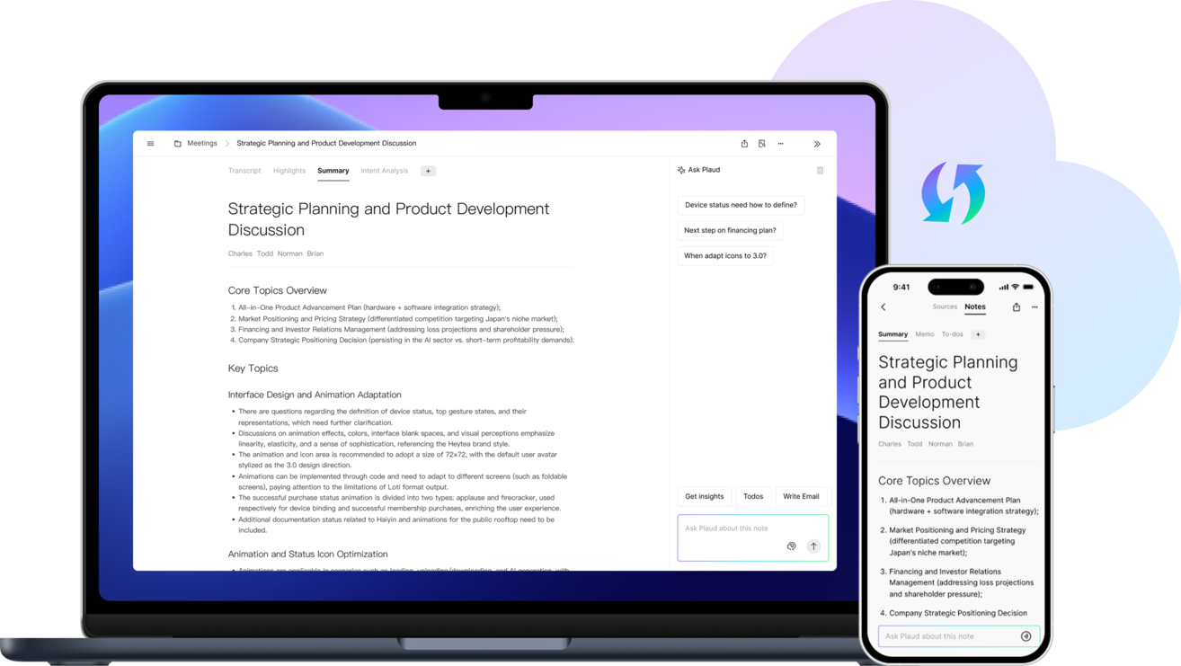 Plaud app on laptop and smartphone showing AI-generated meeting summaries and the Ask Plaud assistant.
