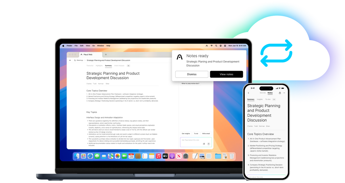 Plaud AI meeting summaries synchronized across laptop and mobile devices via cloud storage.