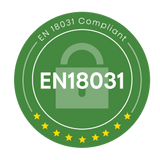 EN 18031 Compliant certification badge for cybersecurity, featuring a padlock icon and yellow stars.