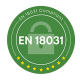 Green EN 18031 Compliant certification badge with a padlock icon and stars.