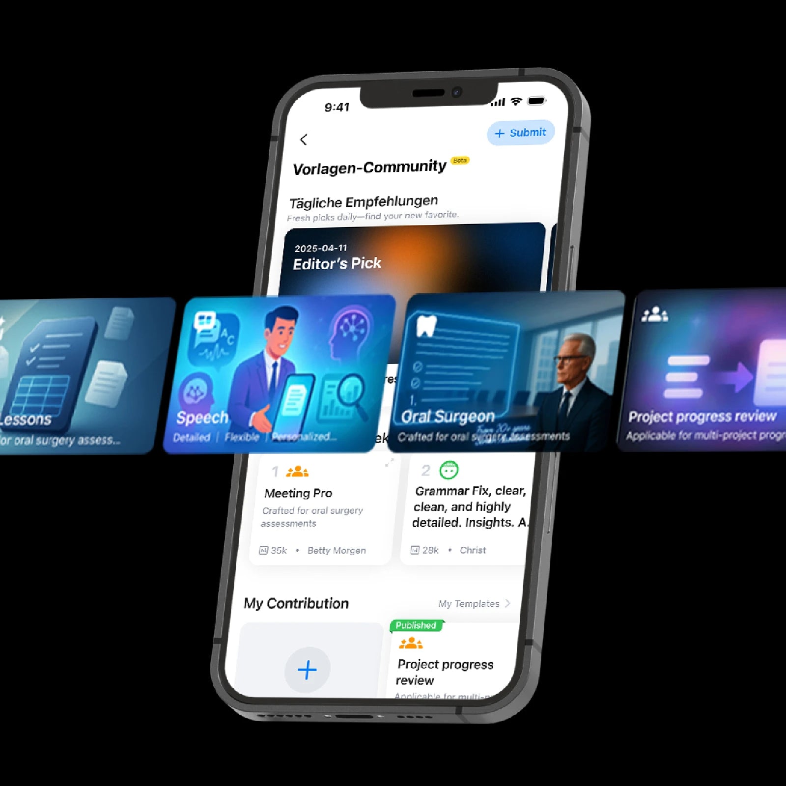 Plaud app Template Community screen featuring AI summary templates for speeches, oral surgery, and project progress.