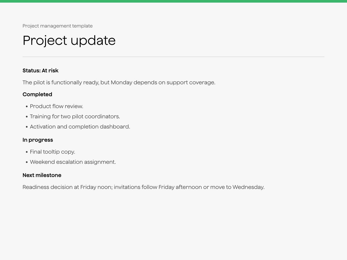 Project update view with status, completed work, and next milestone