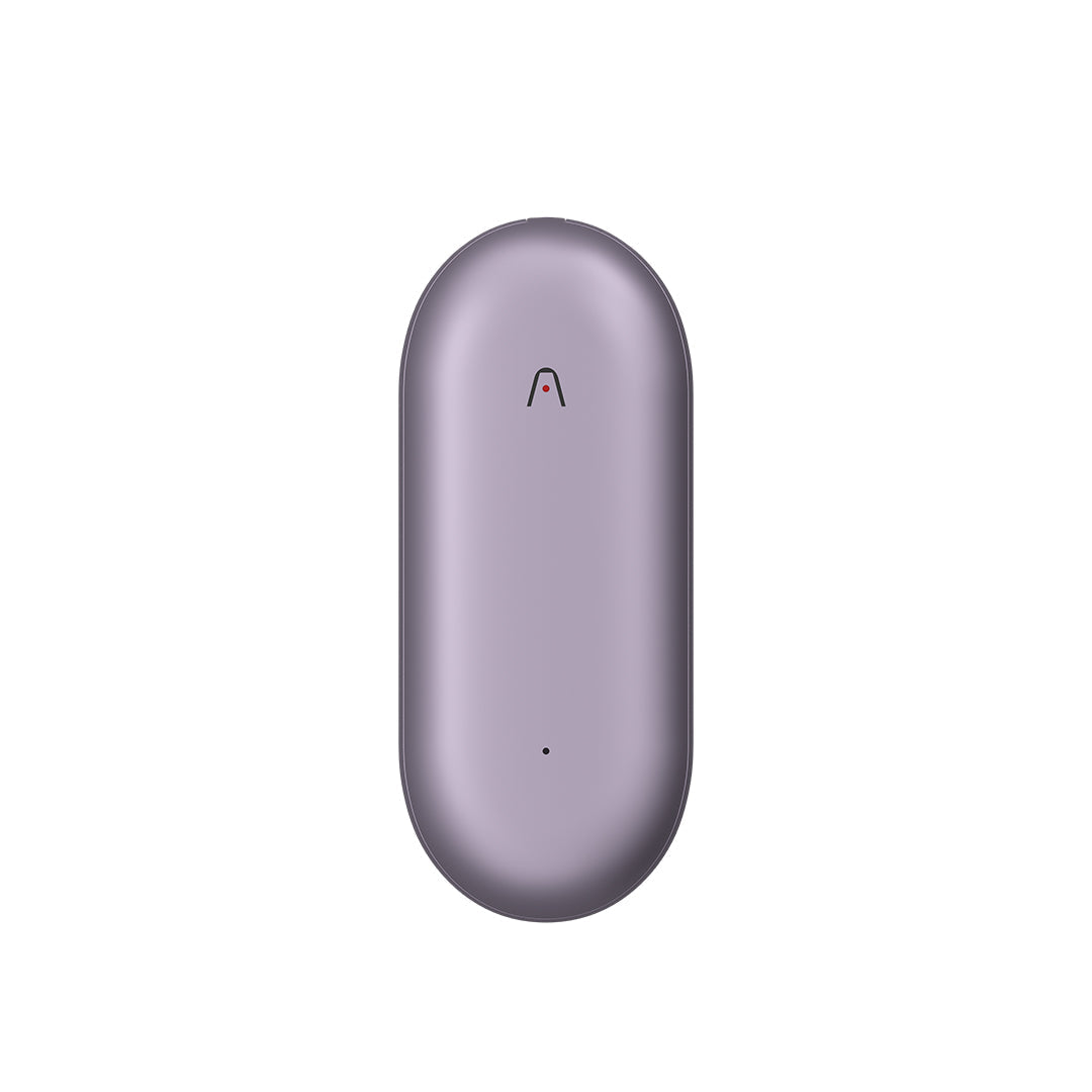 Purple Plaud NotePin AI voice recorder with a sleek, pill-shaped design and metallic finish.