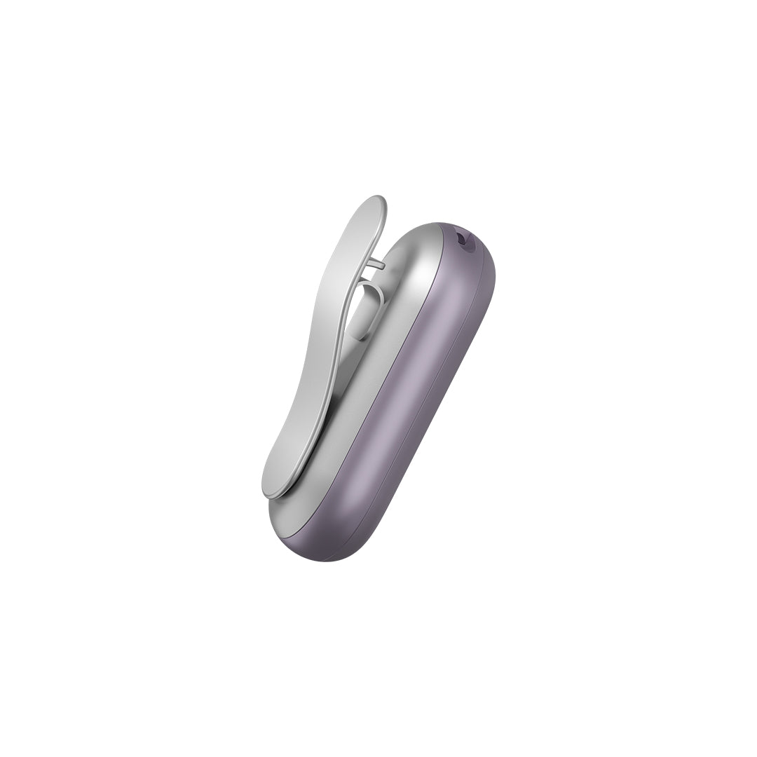 Side view of the purple PLAUD NotePin AI voice recorder with its silver clip attachment.