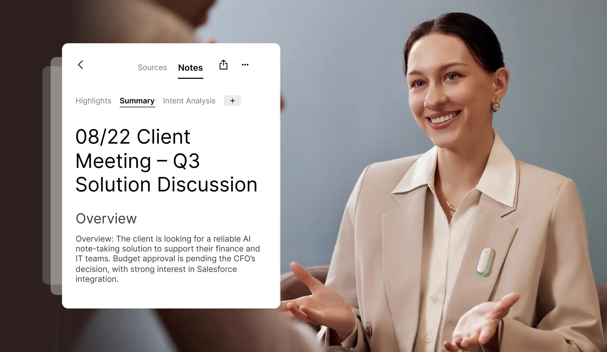 Woman wearing Plaud NotePin with an app overlay showing an AI-generated summary of a Q3 client meeting.